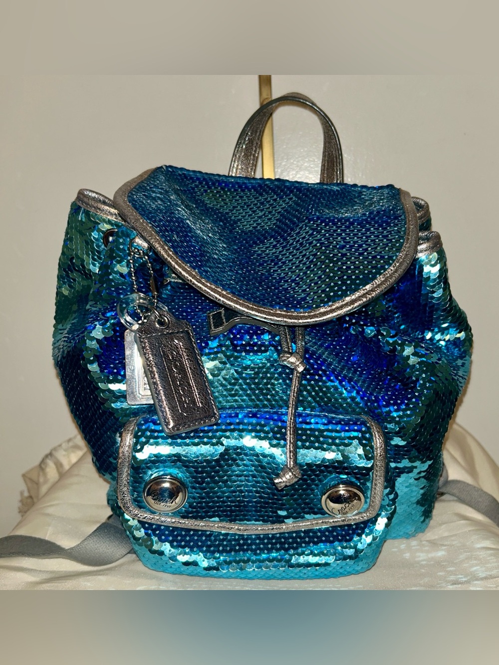 Coach Poppy Spotlight Limited Edition Sequin Backpack. Y2K midnight blue